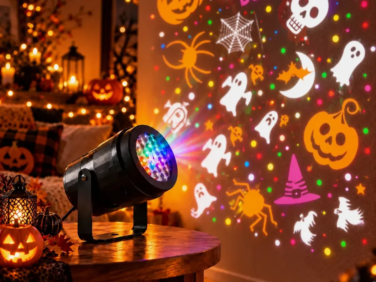Holiday Prism projector on an indoor table casting autumn and Halloween icons on a wall