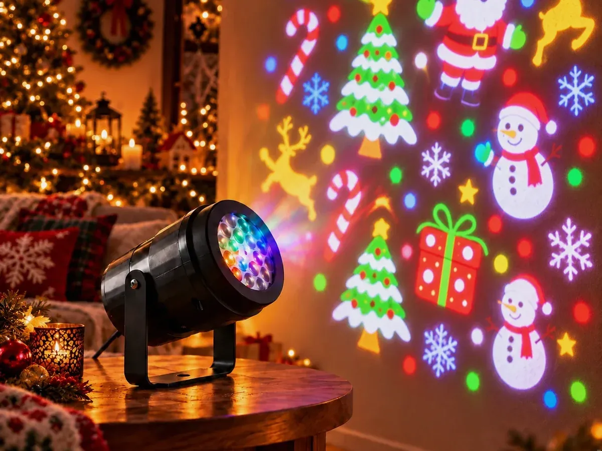Holiday Prism LED Slide Projector illuminating a living room wall with Christmas graphics